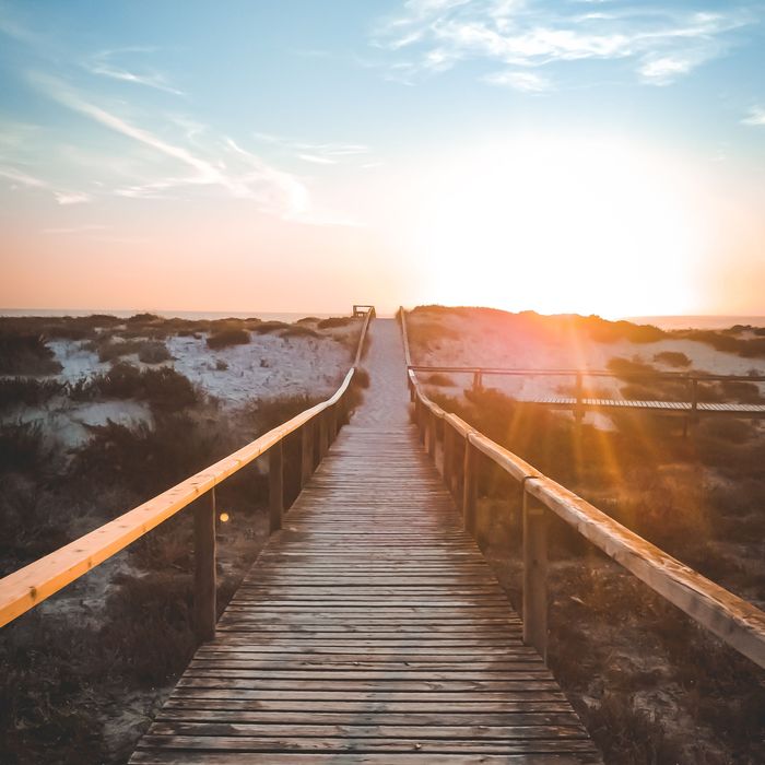 A wooden boardwalk leading to the beach at sunset
