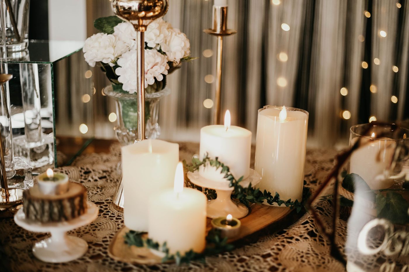 A cozy candlelit corner with warm fairy lights